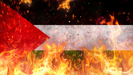 Palestine flag on fire with sparks, concept. War in the Gaza Strip. Israel continues to bomb Gaza and attack Palestinians