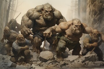 Massive trolls with boulders for fists - Generative AI - obrazy, fototapety, plakaty