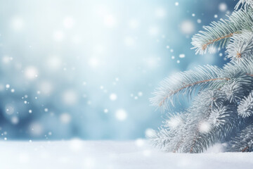 Beautiful winter background image of frosted spruce branches and small drifts of pure snow with bokeh Christmas lights and space for text, sharp details.