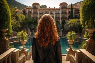 Back of girl by pool in Spain - obrazy, fototapety, plakaty