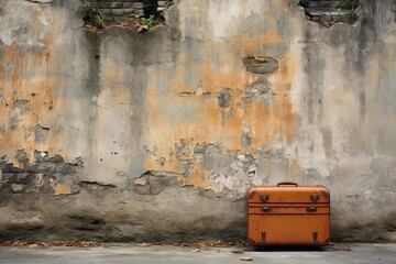 A suitcase next to a wall. - obrazy, fototapety, plakaty