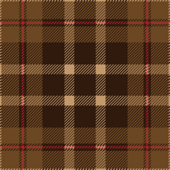 Brown tartan plaid. Scottish pattern fabric swatch close-up. 