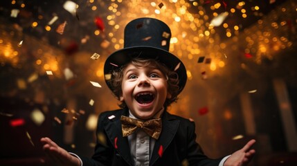 The child's excitement at a surprise birthday with a magician theme. generative ai