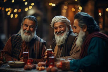 Emigrants-refugees, smiling, sitting at a table with locals, enjoying traditional food, dishes of European cuisine