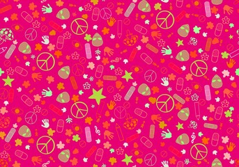Cartoon retro sign seamless peace and aliens and pills and flower pattern for wrapping paper and fabrics and linens