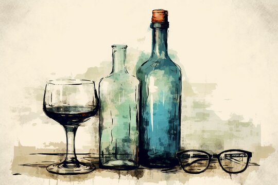 Vintage-style grunge illustration featuring a bottle and glasses. Generative AI