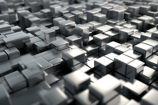 Sleek, orderly arrangement of shiny gray blocks forming a high-tech backdrop. 3D render. Generative AI