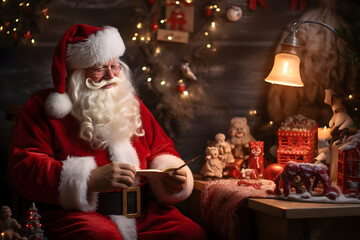 Papa Noel en su casa llena de regalos leyendo las cartas de los regalos 