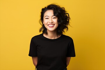 Happy Beautiful Young Fictional Asian Woman Smiling. Isolated on a Plain Background. Generative AI. - obrazy, fototapety, plakaty
