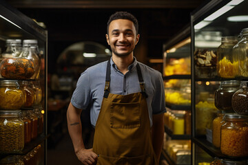 Fototapeta premium Ethnic male worker with jar of bulk standing in supermarket