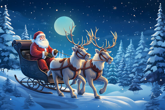 Papa noel sobre su trineo en una bosque nevado por la noche