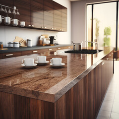 Fototapeta premium Kitchen island countertop with coffee set, modern kitchen background, Generative AI