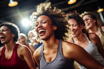 A group of diverse middle-aged women enjoying a joyful dance or gym class. Openly expressing their active lifestyle through dance or other dances with friends