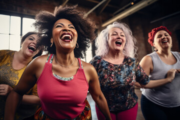 A group of diverse middle-aged women enjoying a joyful dance or gym class. Openly expressing their active lifestyle through dance or other dances with friends