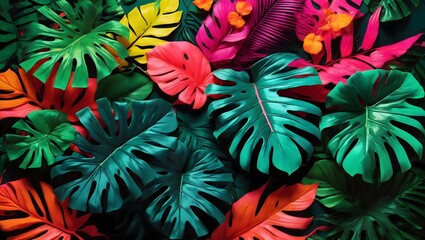 Obraz na płótnie Canvas Featuring A Creative Color Layout Composed Of Tropical Leaves Arranged In A Flat Lay Fashion, Set Against A Backdrop Of Neon Colors AI Generative
