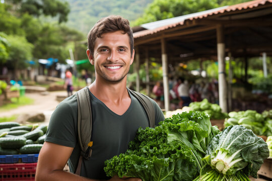 Young male environmentalist selling vegetables in farm