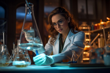 Fototapeta na wymiar Woman scientist in a medical lab coat and gloves stands confidently amidst a flurry of chemical experiments, poised to uncover the secrets of science