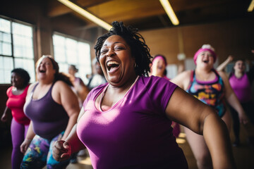 A group of diverse middle-aged women enjoying a joyful dance or gym class. Openly expressing their...