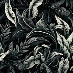 seamless floral pattern with leaves on black background created with Generative Ai