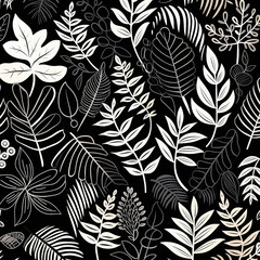 seamless floral pattern with leaves on black background created with Generative Ai