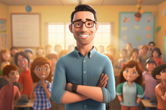 A portrait of male elementary school teacher in classroom. Cartoon