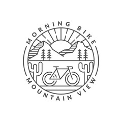 morning mountain biking badge vector illustration. mountain and bicycle monoline or line art style. design can be for t-shirts, sticker, printing needs