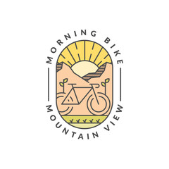 morning mountain biking badge vector illustration. mountain and bicycle monoline or line art style. design can be for t-shirts, sticker, printing needs