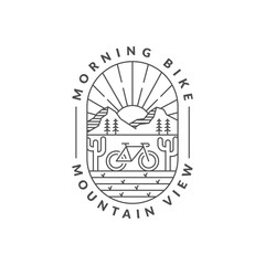 morning mountain biking badge vector illustration. mountain and bicycle monoline or line art style. design can be for t-shirts, sticker, printing needs