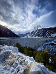 Panoramic view of Punt dal Gall arch dam  near Livigno in winter