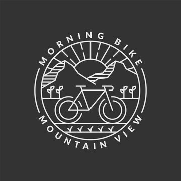 morning mountain biking badge vector illustration. mountain and bicycle monoline or line art style. design can be for t-shirts, sticker, printing needs