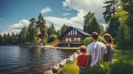 family touring a cottage by the lake generative ai - obrazy, fototapety, plakaty
