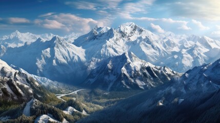 capturing the aerial panorama of a rugged mountain range with snow-capped peaks generative ai