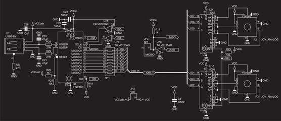 Obraz premium Technical schematic diagram of electronic device. Vector drawing electrical circuit with button, controller, usb, logic gates, integrated circuit and other electronic components.
