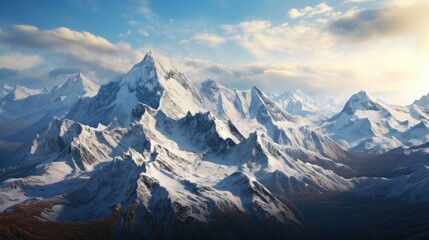 Fototapeta na wymiar capturing the aerial panorama of a rugged mountain range with snow-capped peaks generative ai