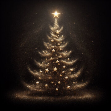 Image of a christmas tree made of golden stars on dark background