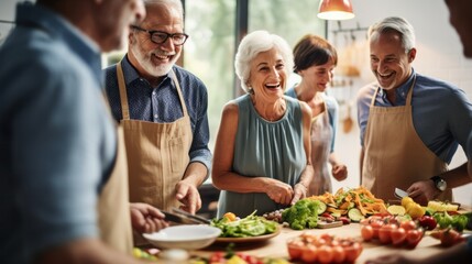 A cheerful group of retired friends shares a cooking experience, laughter, and stories while preparing a gourmet meal together.