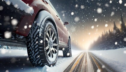 Concept of changing tires on car wheels when winter begins. Close-up of rear wheels of a car driving at speed on a snowy icy road.