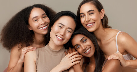Women, portrait and beauty, diversity and happy with wellness, dermatology and friends isolated on...
