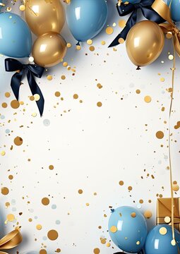 Party invitation card background with blue and golden balloons, free copy space for text, ai generated