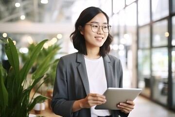 Smiling young asian businesswoman in an office with a tablet.