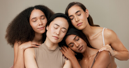 Diversity, beauty and women, portrait and cosmetics with wellness, dermatology and glow on studio...