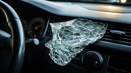 Car window broken after stone impact