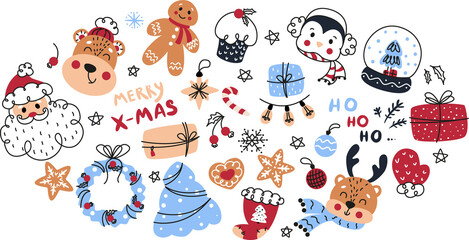 Christmas seamless background with Santa, reindeer, gingerbread, Christmas elements for decoration seamless pattern