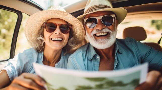 Exuding adventure, a spirited elderly couple poses with their vintage car during a scenic road trip, the map in their hands suggesting exciting plans.
