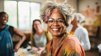 Focusing on a middle-aged woman, her face illuminated by the joy of creating art in a community class, surrounded by peers sharing her enthusiasm.