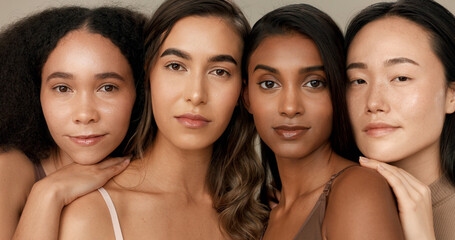 Women, natural beauty and face with diversity, skincare and wellness for inclusion in studio....