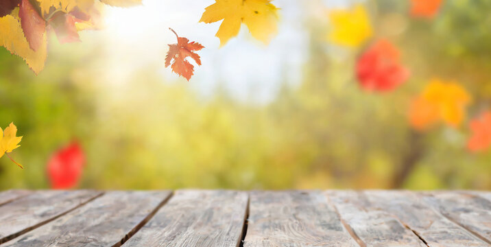 a rustic old wooden table outdoors with autumn leaves falling in the background 