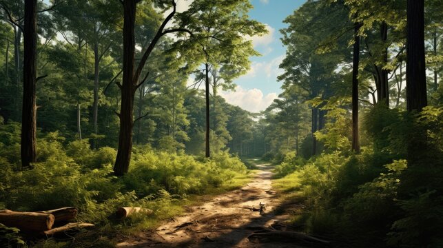 Capture of the serene aerial view from a forest trail with sunlight filtering through tall trees. generative ai