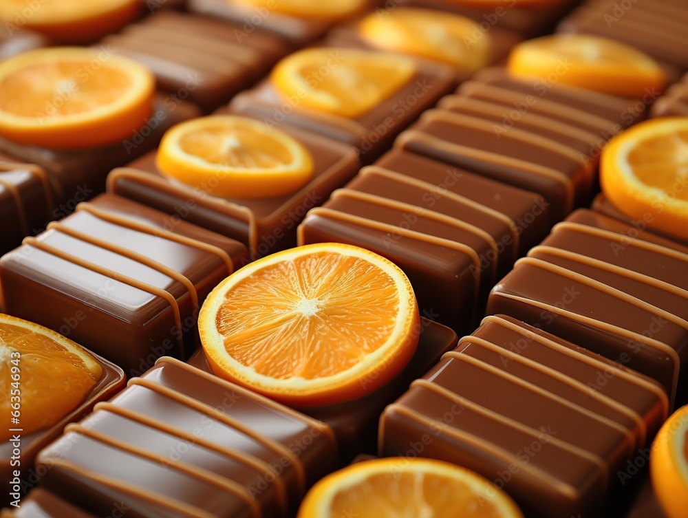 Wall mural Close up of homemade orange chocolate bonbon slice, Generative AI