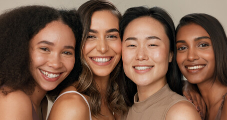 Skincare group, face or women smile for anti aging cosmetics, beauty glow and spa wellness support. Equality, cosmetology closeup or diversity portrait of unique friends together on studio background